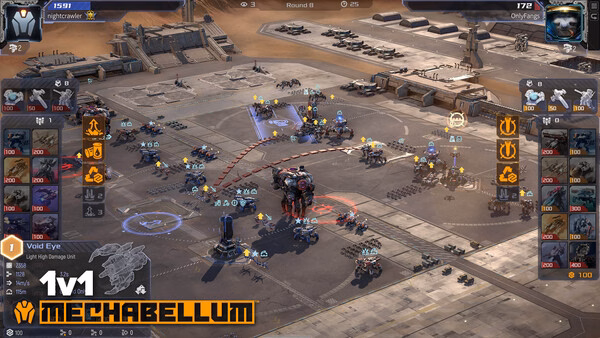 Mechabellum screenshot: Players engage in a tactical battle with mechs and units on a futuristic battlefield in a 1v1 match.