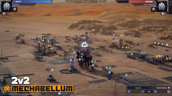 Screenshot of Mechabellum showing a desert battlefield with various mechs and vehicles engaged in combat under a clear sky.