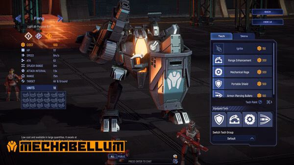 Mechabellum screenshot showing a detailed mech unit with stats menu and tech upgrades displayed in the game's interface.
