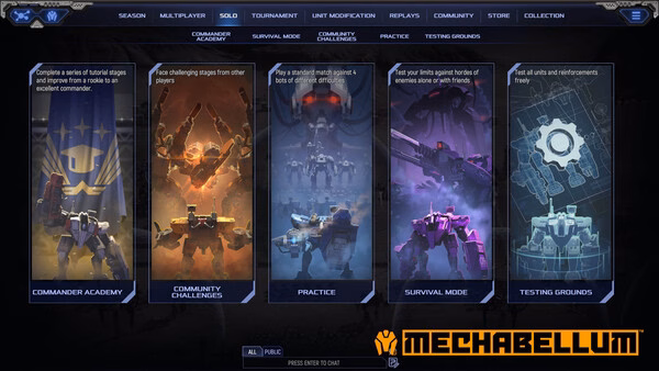 Screenshot of Mechabellum's main menu showing five game modes: Commander Academy, Community Challenges, Practice, Survival Mode, and Testing Grounds.