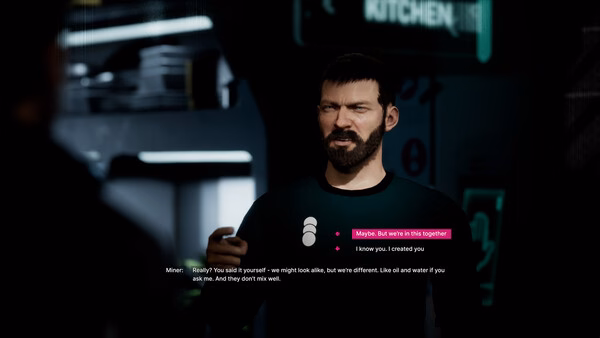 Screenshot from The Alters showing a character with dialogue options in a futuristic setting featuring dark lighting and machinery.