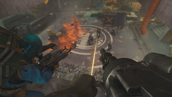 Screenshot from FBC: Firebreak showing a player aiming a machine gun at enemies near a fiery explosion in an industrial setting.