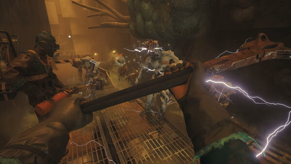 Screenshot from FBC: Firebreak showing a player wielding an electrified weapon against approaching zombie-like creatures on a metal walkway.