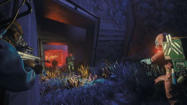 FBC: Firebreak screenshot showing armed characters in hazmat suits exploring a dark, alien environment with glowing plants.
