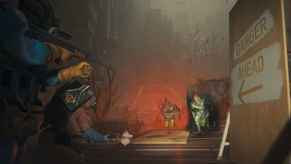 FBC: Firebreak screenshot showing armed players near a "Danger Ahead" sign, facing two glowing enemies in a foggy environment.