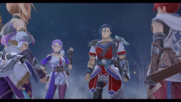 Screenshot from Ys X: Proud Nordics showing four characters in a cave, engaged in conversation with a mystical atmosphere.