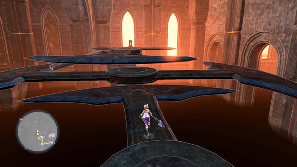 Screenshot from Ys X: Proud Nordics showing a character navigating floating platforms in a glowing, castle-like environment.