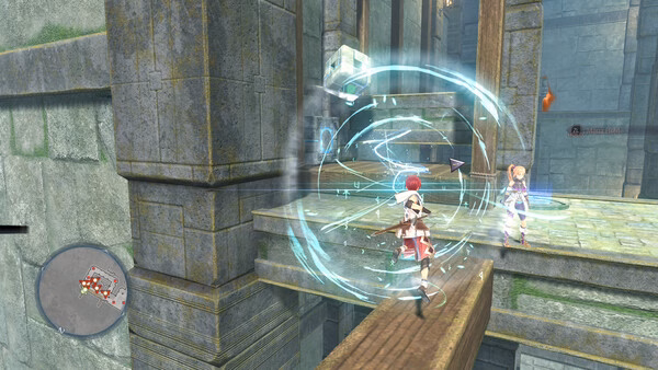 Screenshot from Ys X: Proud Nordics showing a character casting a spell on a stone bridge with another character nearby.