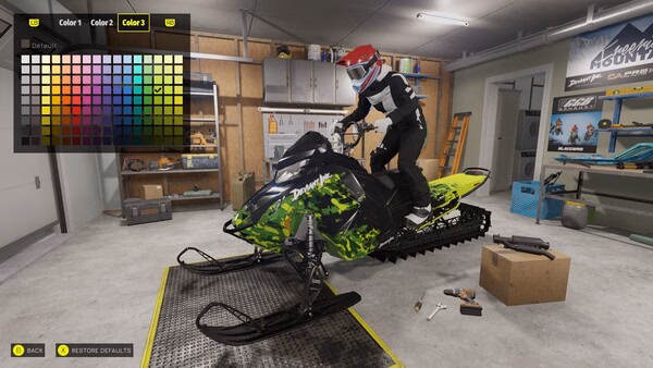 Sledders screenshot: A player customizes a green and black snowmobile in a garage filled with tools and equipment.
