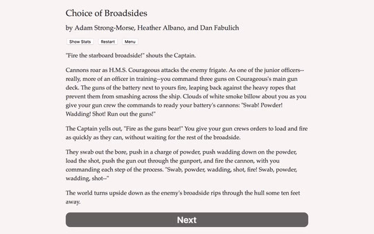 Screenshot from the game "Choice of Broadsides" showing a text-based naval battle scene with a command to fire the starboard broadside.