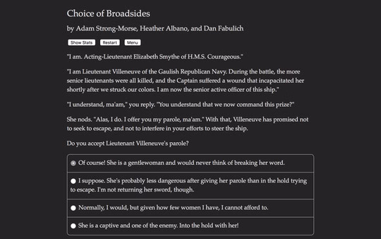 Screenshot from "Choice of Broadsides": Dialogue options discuss Lieutenant Villeneuve's parole, with four choices visible on screen.