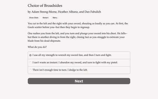 Screenshot of Choice of Broadsides game, showing dialogue options for a naval battle scene with choices to attack or defend.