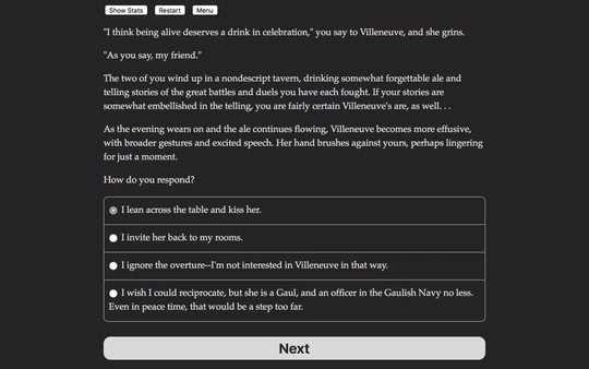 Screenshot of "Choice of Broadsides" showing a dialogue choice screen with narrative text and multiple response options for the player.