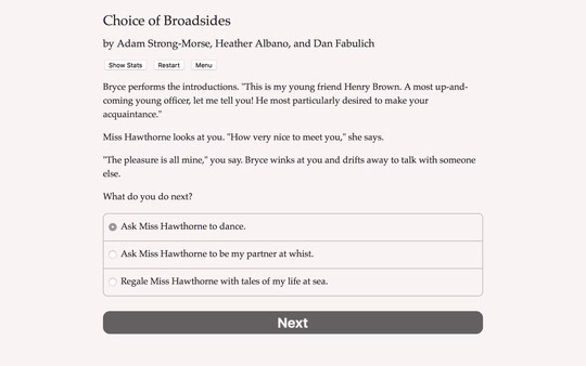Screenshot of Choice of Broadsides showing dialogue with Miss Hawthorne and three player choices at the bottom of the screen.