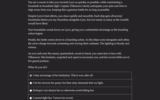 Screenshot from Choice of Broadsides showing a decision-making scene. Choices involve confronting a character named Villeneuve.