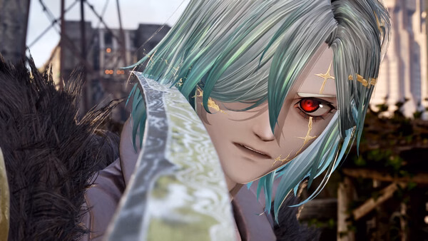 A warrior with teal hair in Code Vein 2 holds a detailed sword in this action-packed screenshot.