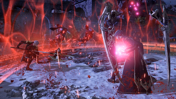 Screenshot from Code Vein 2 showing intense battle with characters wielding weapons amidst red glowing energy effects.