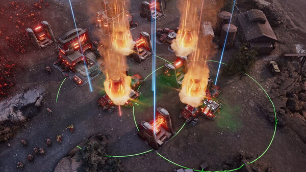 Screenshot from Tempest Rising showing a tactical base under attack, with explosions and defensive structures visible amidst rocky terrain.