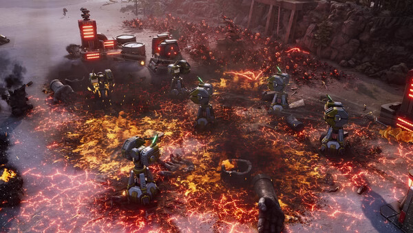 Screenshot from "Tempest Rising" showing a battle scene with robotic turrets and fiery explosions in a rugged landscape.