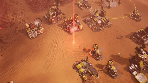 Tempest Rising screenshot: A base with futuristic structures and units on a reddish desert terrain, with a glowing beam in the center.
