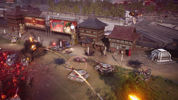 Screenshot from Tempest Rising showing a battle scene with tanks and explosions near traditional-style buildings.