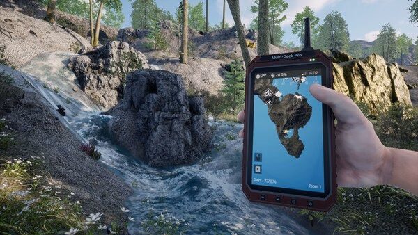 A KeepUp Survival screenshot showing a player's hand holding a device with a map near a flowing river in a forest environment.