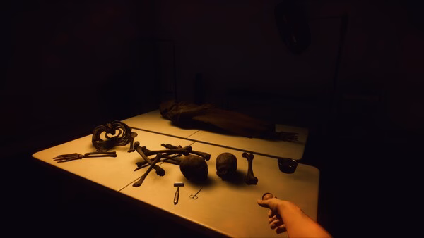 A screenshot from KeepUp Survival showing a dimly lit table with scattered bones, tools, and a wrapped body, a hand reaching out.