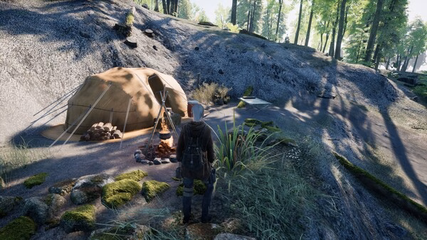 A screenshot from KeepUp Survival showing a character standing near a campfire and tent in a lush forest setting.