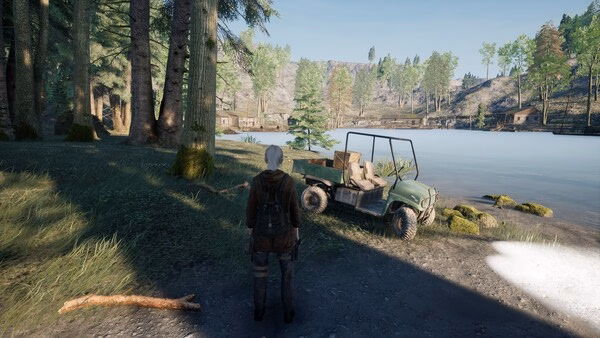 KeepUp Survival screenshot: A character stands by a green off-road vehicle near a tranquil lake surrounded by trees and cabins.