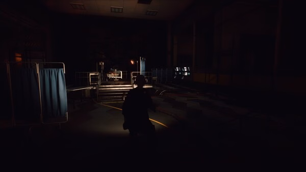Screenshot from KeepUp Survival showing a player character in a dark room with medical equipment and dim lighting.