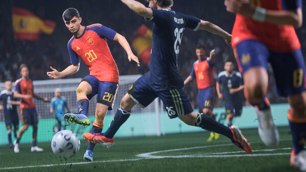 A screenshot from EA SPORTS FC 27 showing a soccer match, with a player in a red jersey passing the ball under pressure.