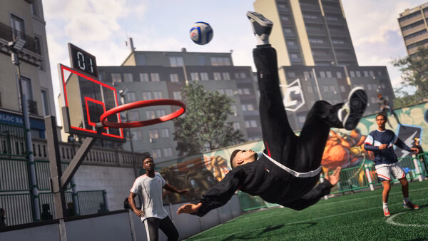 A screenshot from EA SPORTS FC 27 showing players on a street soccer pitch, with one performing an acrobatic bicycle kick.