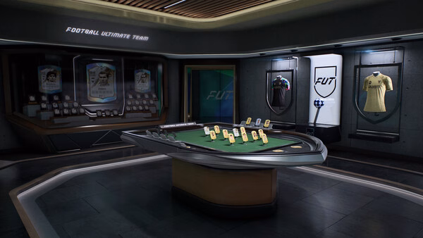 EA SPORTS FC 27 screenshot: A sleek, modern room displays a table with player cards, team kits, and trophies.