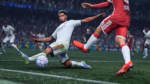 EA SPORTS FC 27 screenshot: A player in a white uniform slides to intercept the ball from an opponent in red on a grassy field.