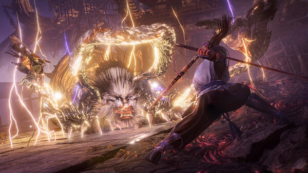 Screenshot from Nioh 3 with Pre-purchase Bonus showing a warrior battling a glowing, thunderous serpent creature.