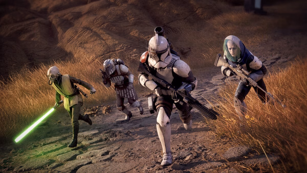 STAR WARS Zero Company™ screenshot: Four characters, including a clone trooper and a Jedi with a green lightsaber, traverse a grassy terrain.