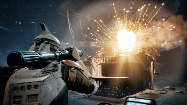 A STAR WARS Zero Company™ screenshot showing a clone trooper aiming at an explosion near a structure in a sci-fi environment.