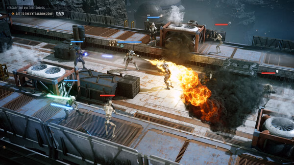 STAR WARS Zero Company™ screenshot: Players battle droids with lightsabers and flamethrowers on a futuristic rooftop.