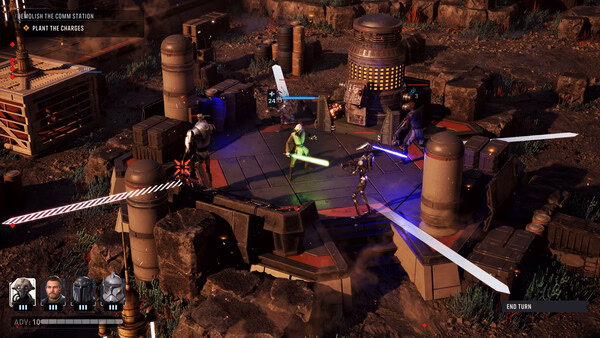 STAR WARS Zero Company™ screenshot: Four characters wielding lightsabers and blasters battle on a sci-fi platform in rocky terrain.