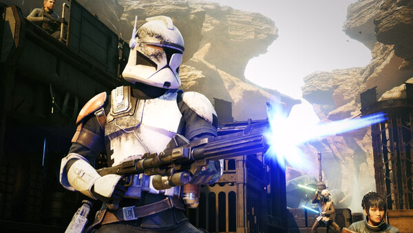 A screenshot from STAR WARS Zero Company™ showing a Clone Trooper firing a blaster in a rocky desert environment with other characters nearby.