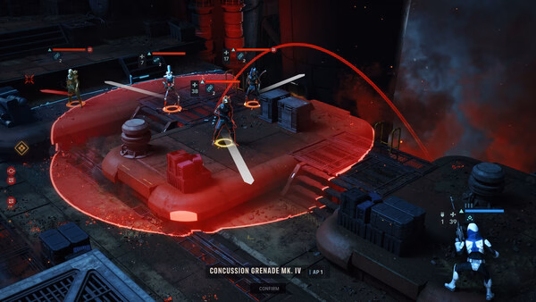 STAR WARS Zero Company™ screenshot: Players engage enemies with weapons and abilities on a futuristic, industrial battlefield.