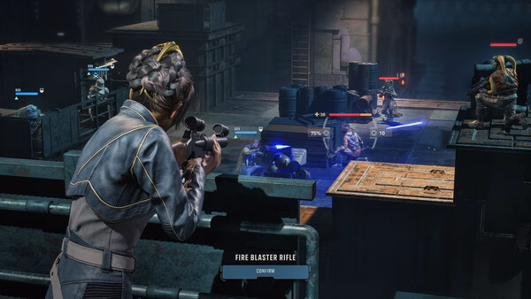 A STAR WARS Zero Company™ screenshot shows a character aiming a blaster rifle at enemies in a dimly lit industrial setting.