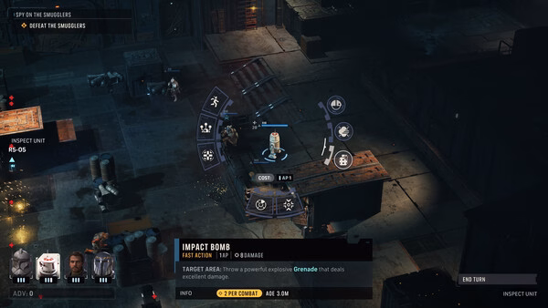 STAR WARS Zero Company™ screenshot showing a character preparing an Impact Bomb action in a dark industrial environment.
