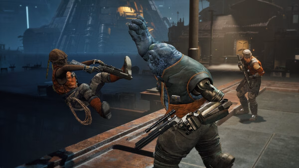 Screenshot from STAR WARS Zero Company™ showing a blue-skinned alien attacking a soldier while another armed soldier watches.