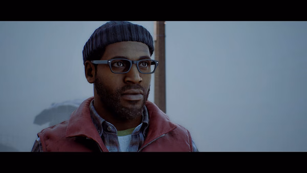 A screenshot from SILENT HILL: Townfall showing a man in glasses and a beanie standing outdoors in a foggy environment.
