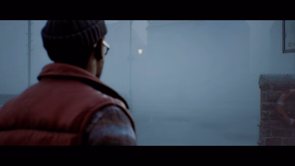A screenshot from SILENT HILL: Townfall showing a character in a red jacket and beanie gazing into a foggy, desolate street.