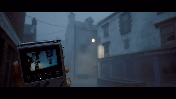 Screenshot from SILENT HILL: Townfall showing a hand holding a portable device displaying a foggy street with eerie buildings.