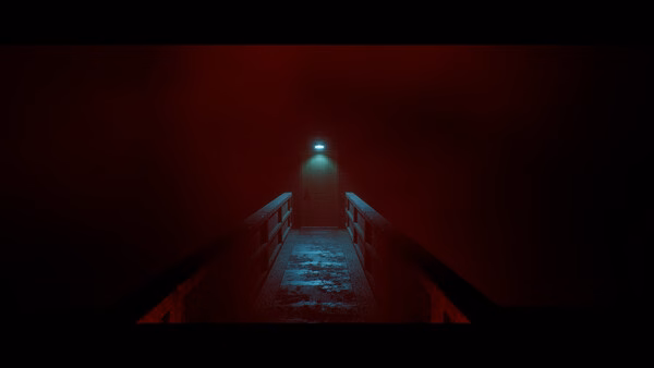 A screenshot from SILENT HILL: Townfall showing a dimly lit door at the end of a foggy, eerie red bridge.