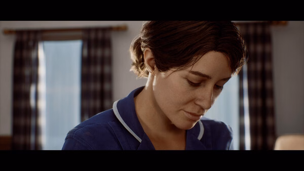 Screenshot from SILENT HILL: Townfall showing a close-up of a woman in a blue uniform, standing in a room with plaid curtains.