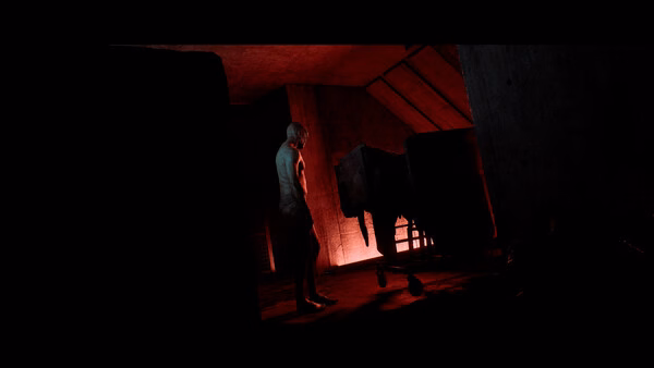 Screenshot from SILENT HILL: Townfall showing a dimly lit room with a figure standing near a cart under red lighting.